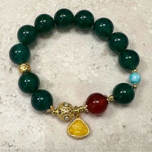 HANDMADE Gemstone Green and Gold Beaded Stretch Bracelet with Lucky Gourd